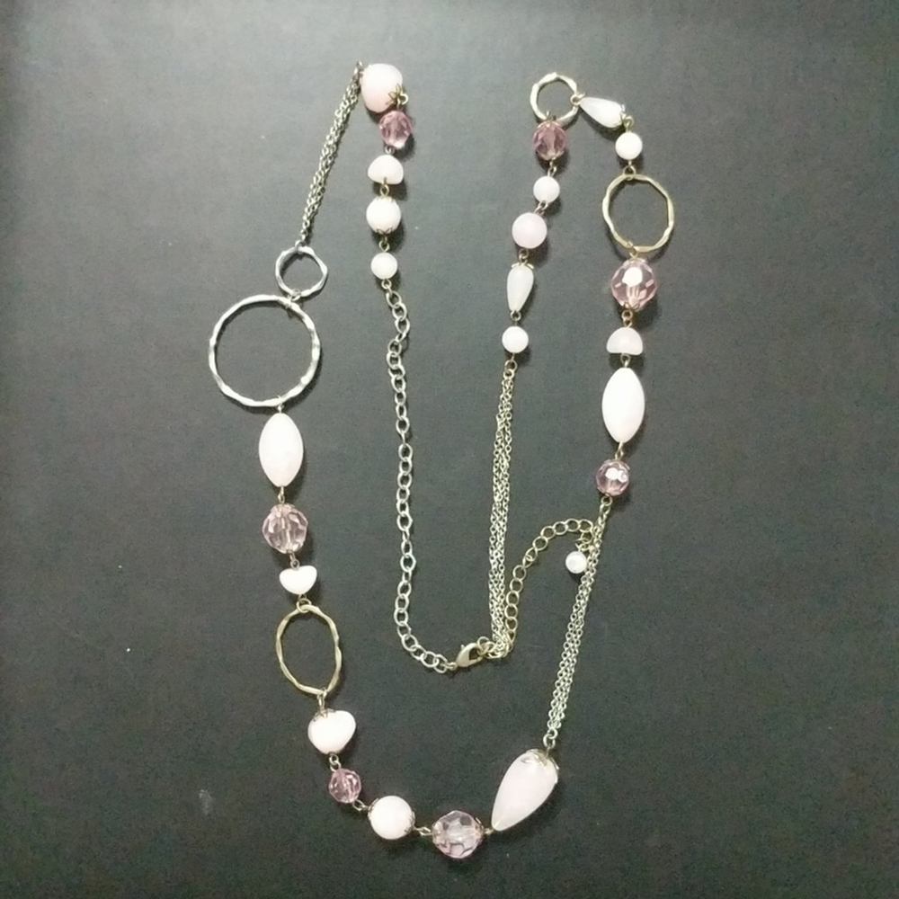 Silver Tone Pink Beaded Long Statement Necklace